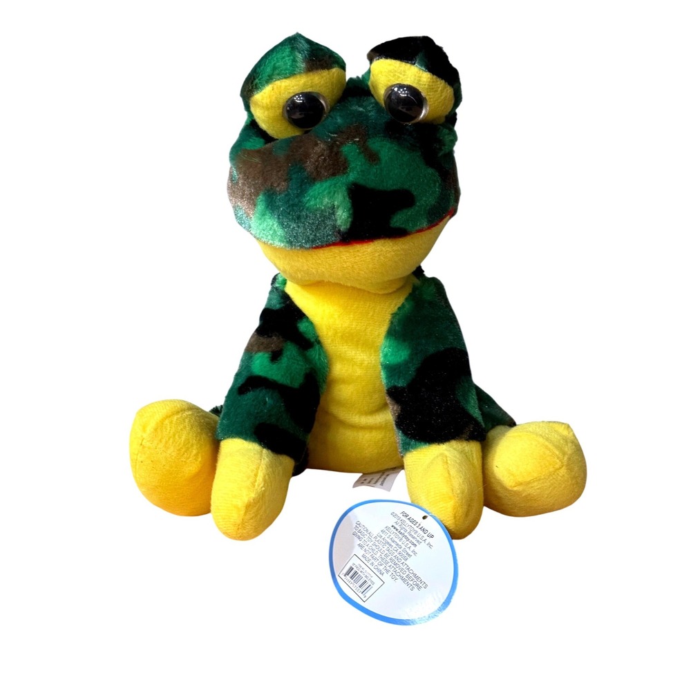 Kellytoy 10 Inch Frog with Big Eyes Green Camouflage Yellow Plush Stuffed Animal
